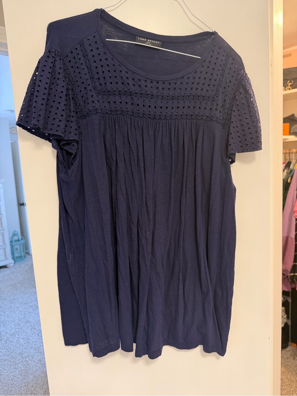 Lane Bryant Navy Eyelet Yoke Short Sleeve Tunic